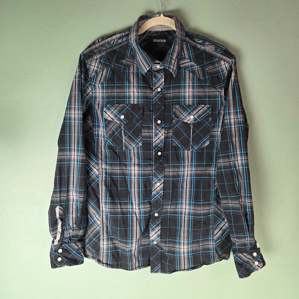 Buckle Black Mens Large Multicolor Black Blue Plaid Pearl Snap Long Sleeve Shirt